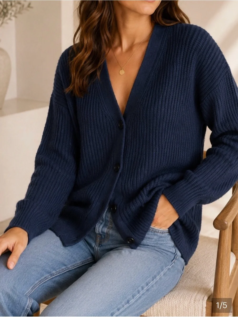 Jenni Kayne 100% Cashmere Navy Ribbed Button Cardigan Size S